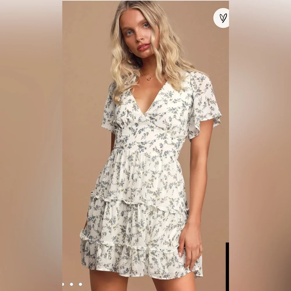 Lulus | Dresses | So True White Floral Print Tiered Short Sleeve Mini Dress  | Poshmark